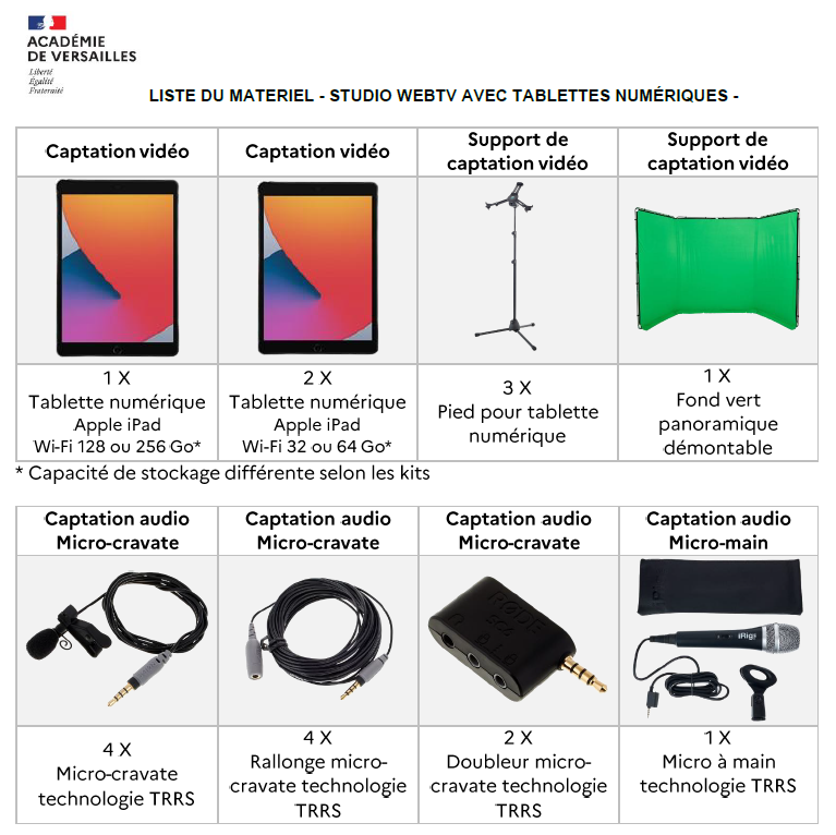 Logo LISTE DU MATERIEL - STUDIO WEBTV AVEC TABLETTES NUMÉRIQUES -